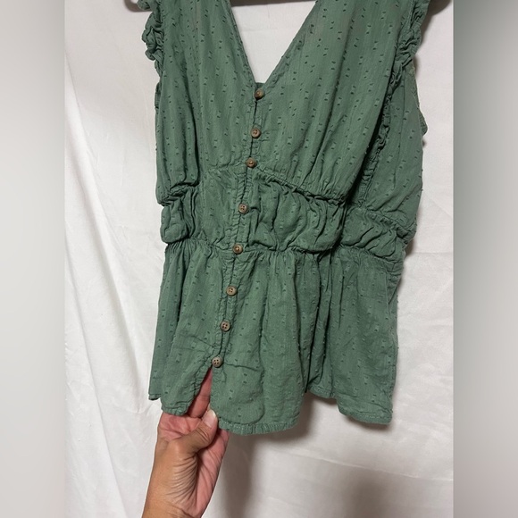 Old Navy Dark Sage Smocked Button-Front Cotton Blend Embroidered Tank Top - Picture 2 of 7